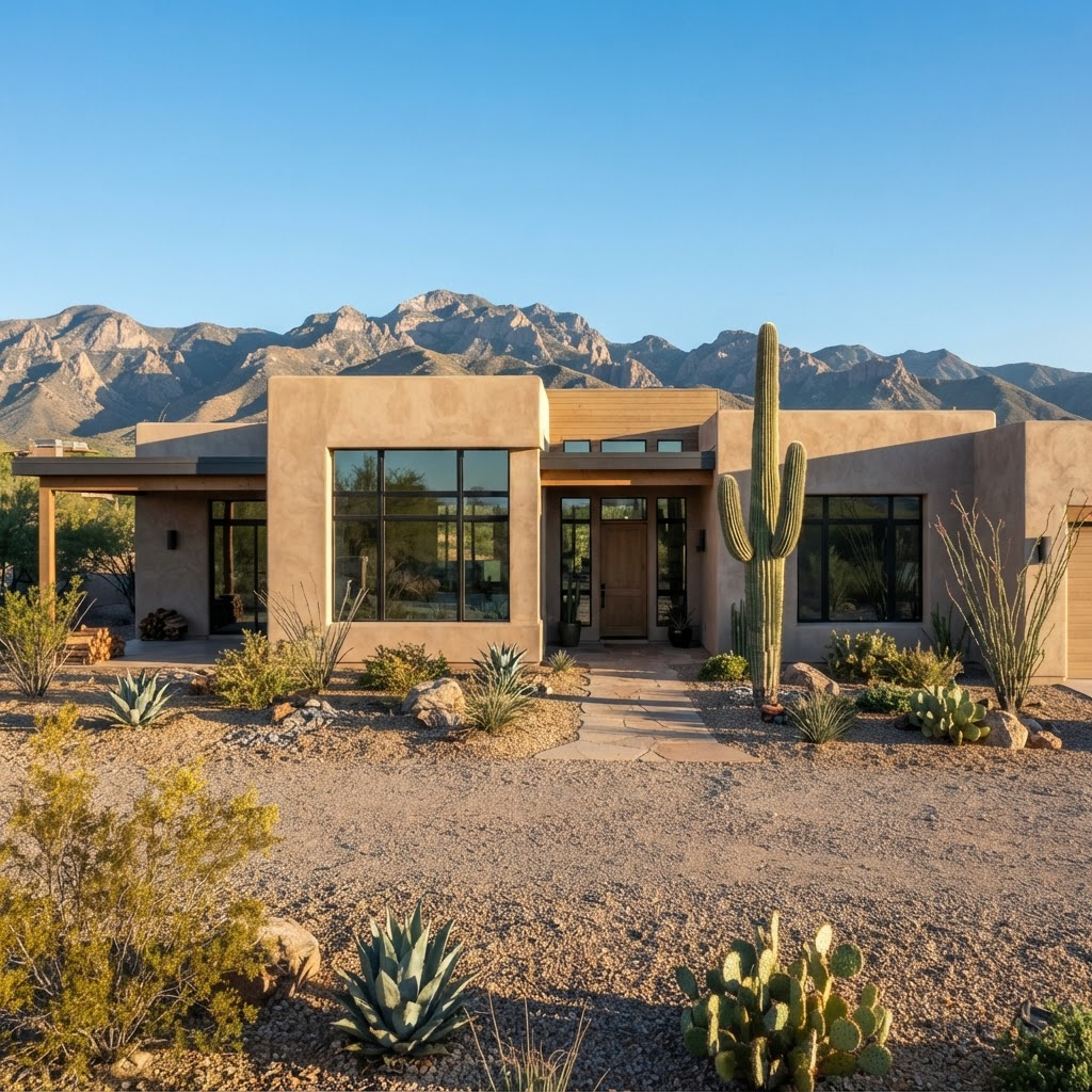 Newly completed modern desert home in Tucson with xeriscaped yard and mountain backdrop